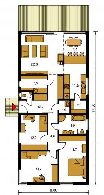 Grundriss des Erdgeschosses - BUNGALOW 168-PS